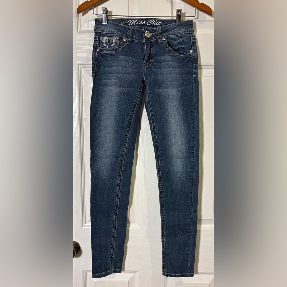 Miss Chic Embroidered & Rhinestone Skinny Distressed Blue Jeans - Picture 2 of 8